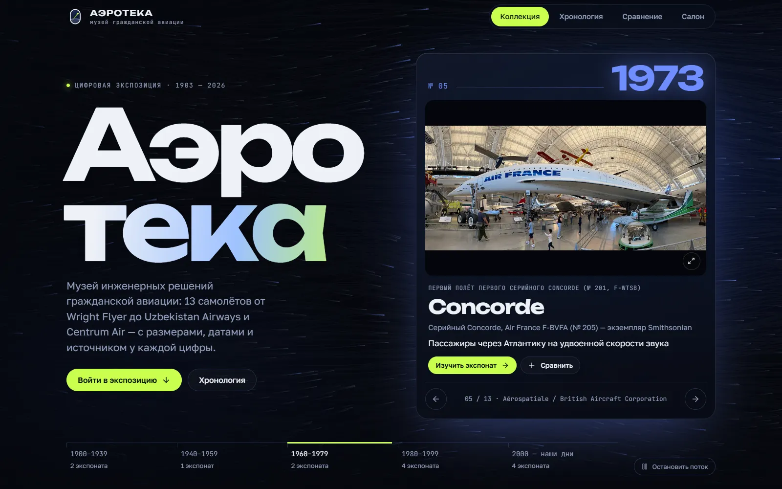 Первый экран «Аэротеки»: заголовок «Аэротека» и карточка экспоната Concorde 1973 года