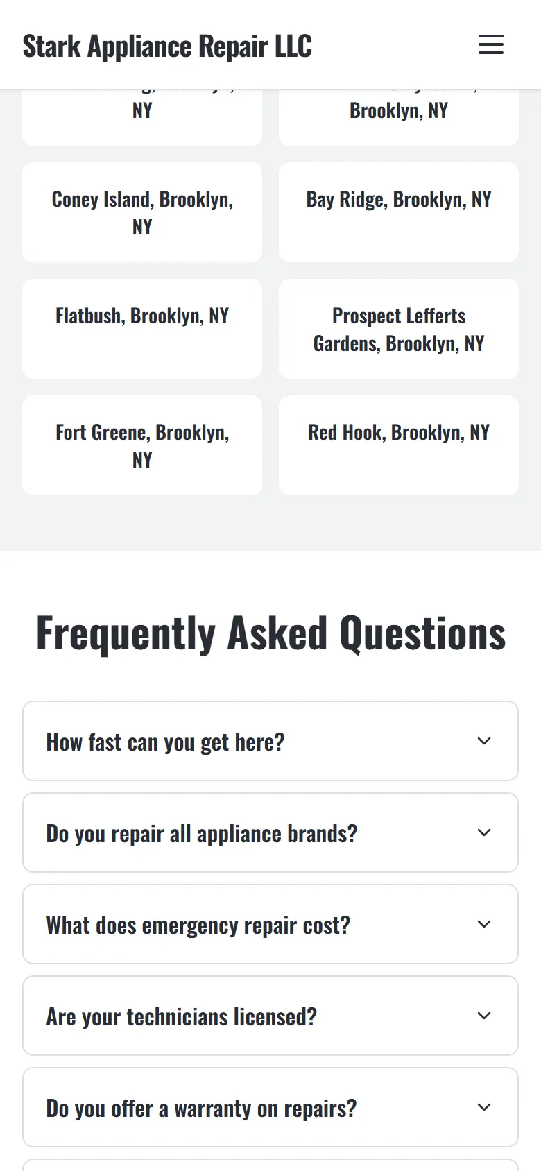 Мобильная версия Stark Appliance Repair: районы обслуживания и вопросы