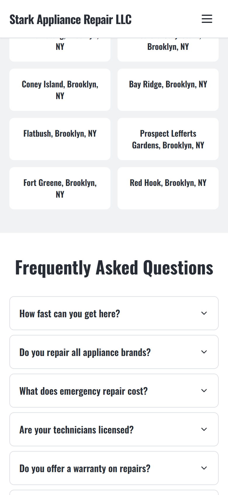Мобильная версия Stark Appliance Repair: районы обслуживания и вопросы